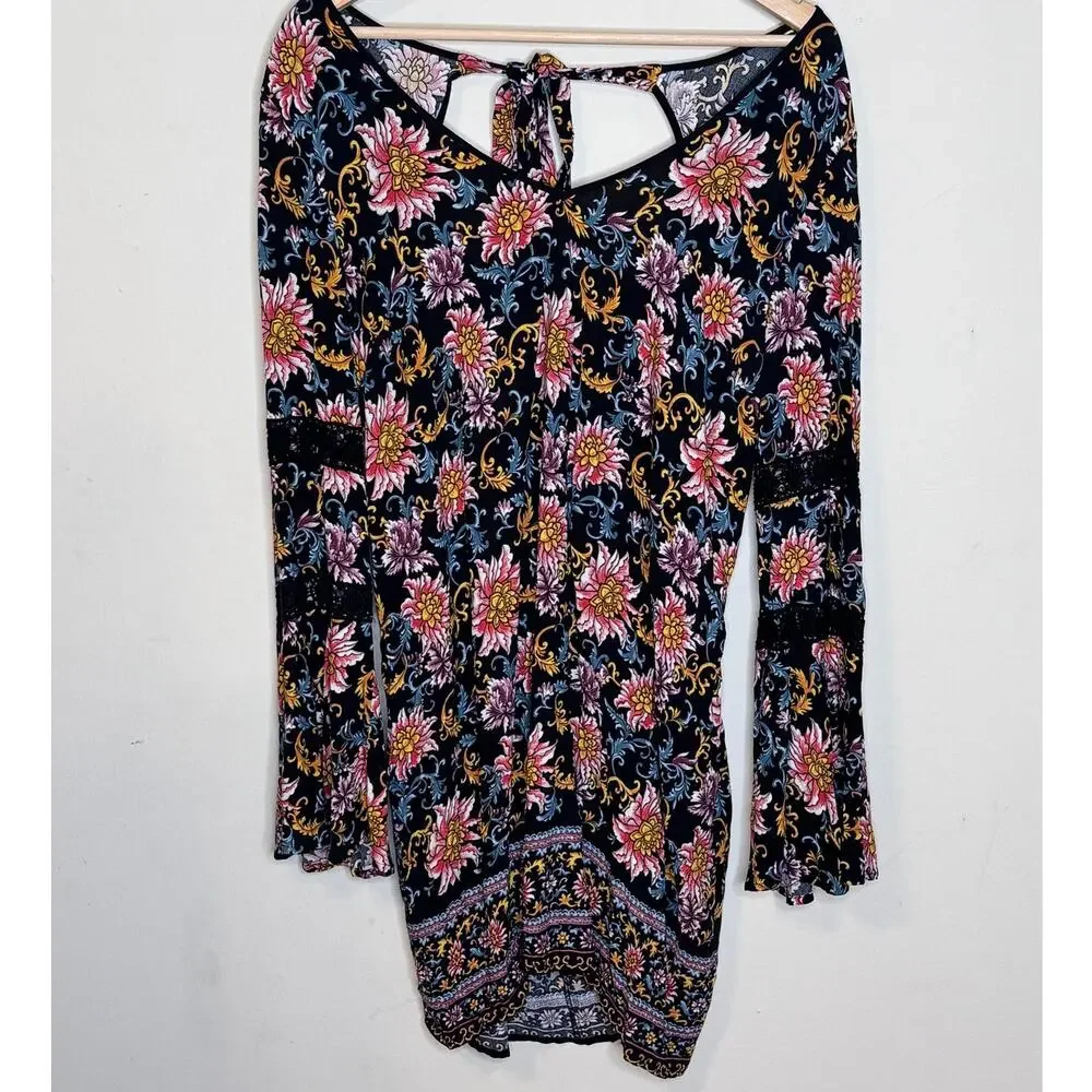 Xhilaration Women's Floral Long Bell Sleeve Boho Dress Large - Picture 2 of 4